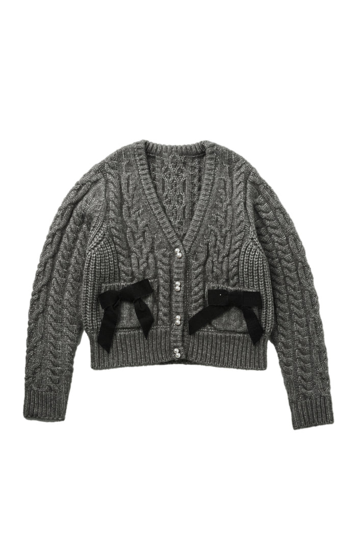 Double Bow Cable Knit Cardigan,レディース